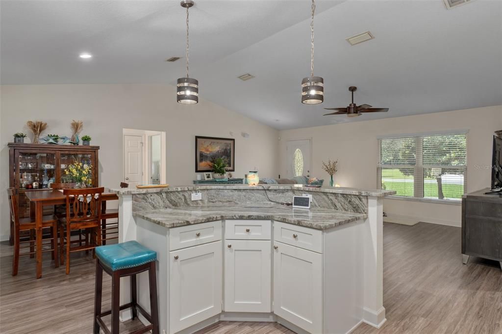 Dining room, Interior, Kitchen, Pendant Lights, Recessed Lighting, Wood Texture Flooring