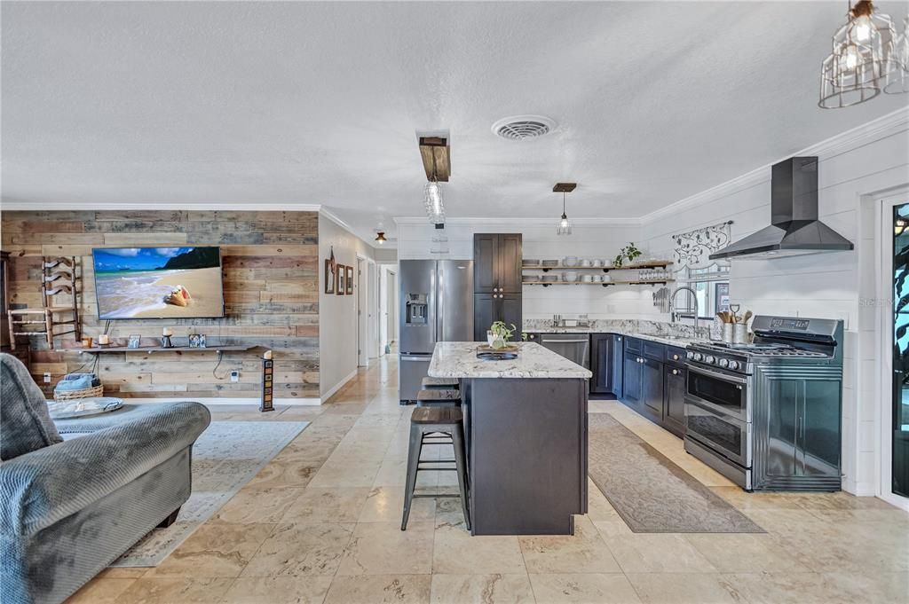 Interior, Kitchen, Pendant Lights, Stainless Steel Appliances, Wooden Walls