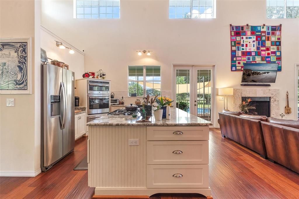 Fireplace, Interior, Kitchen, Living room, Stainless Steel Appliances, Wood Texture Flooring