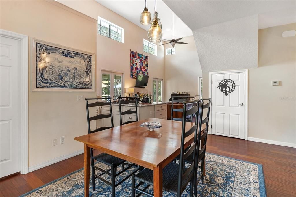 Dining room, Interior, Pendant Lights, Wood Texture Flooring