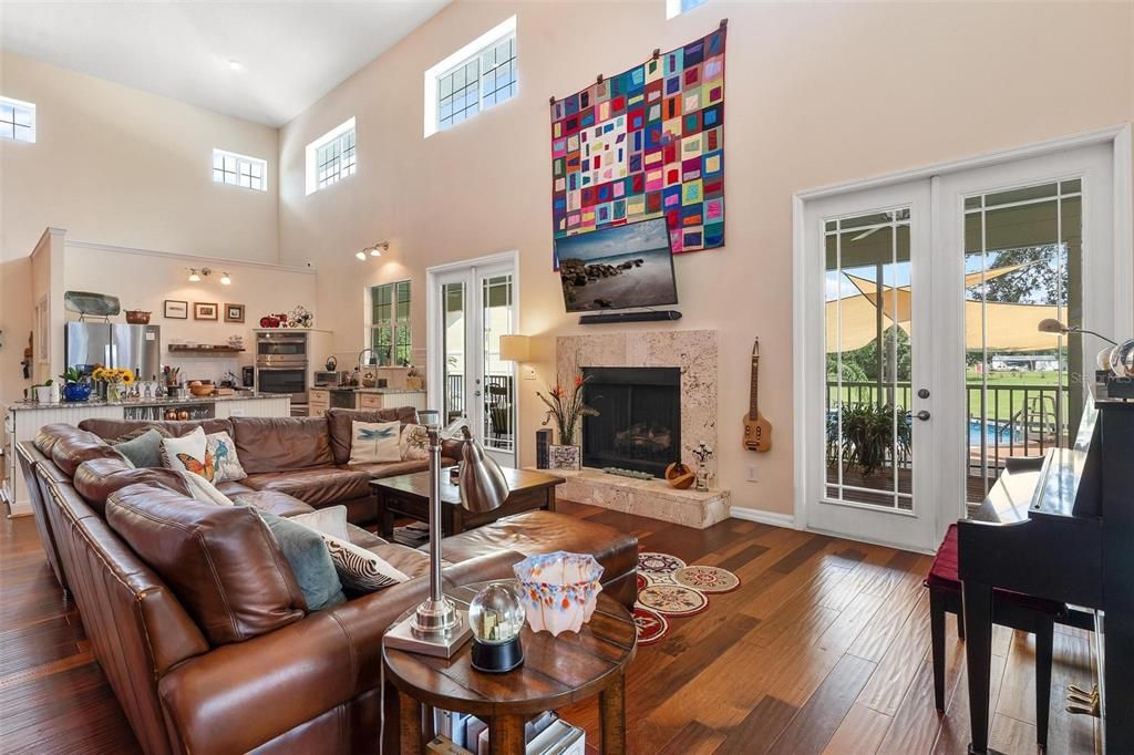 Fireplace, Interior, Kitchen, Living room, Piano, Wood Texture Flooring