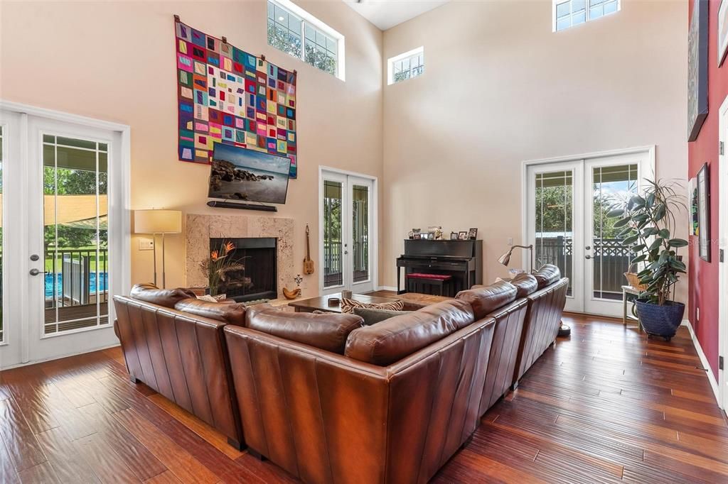 Fireplace, Interior, Living room, Piano, Wood Texture Flooring