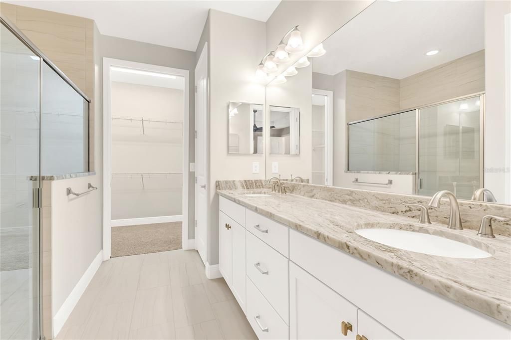 Bathroom, Dual Sink Vanities, Glass Shower, Interior, Recessed Lighting