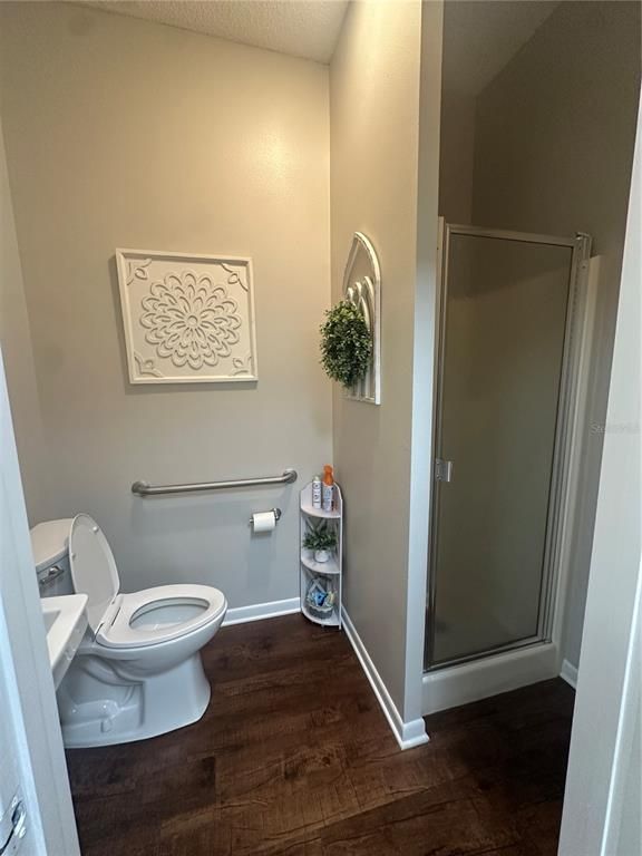 Bathroom, Glass Shower, Interior, Wood Texture Flooring