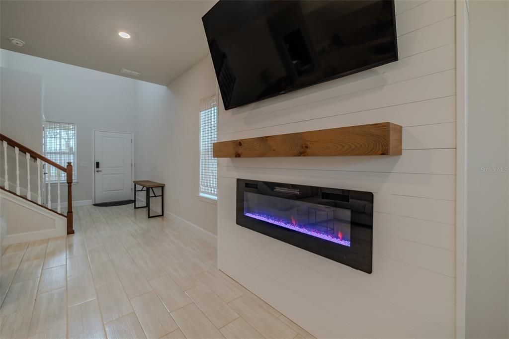 Fireplace, Interior, Recessed Lighting, Wood Texture Flooring