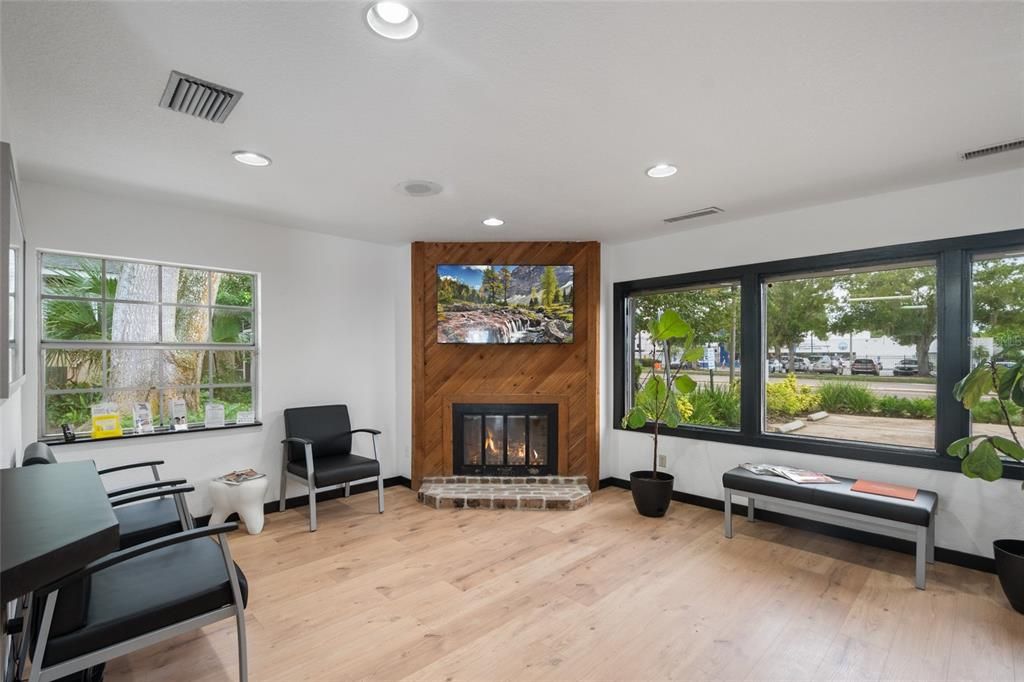 Fireplace, Interior, Recessed Lighting, Wood Texture Flooring, Wooden Walls