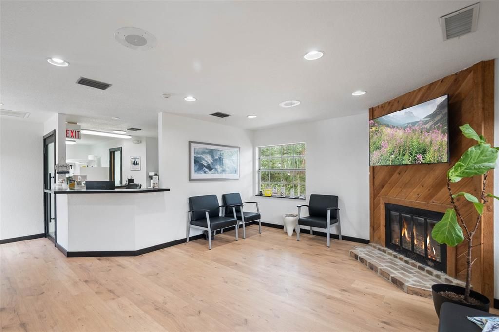 Fireplace, Interior, Recessed Lighting, Wood Texture Flooring, Wooden Walls
