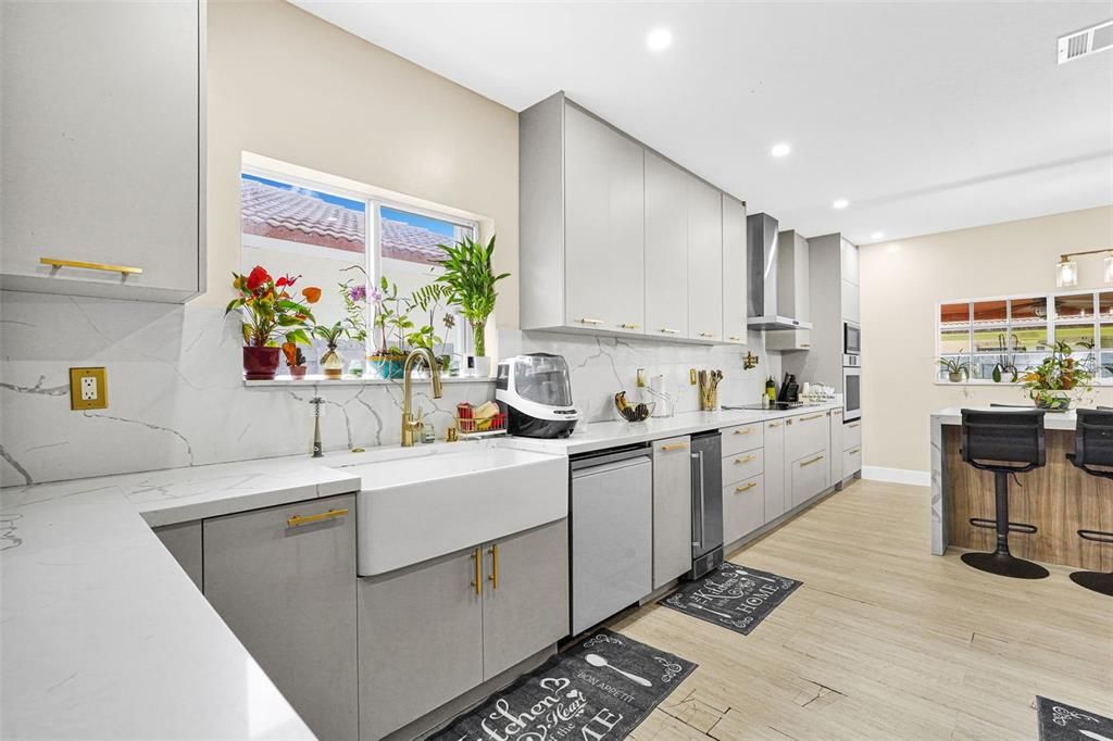 Interior, Kitchen, Marble Walls, Recessed Lighting, Wood Texture Flooring