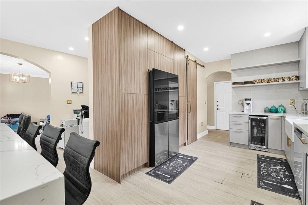 Chandelier, Interior, Kitchen, Pendant Lights, Recessed Lighting, Wood Texture Flooring