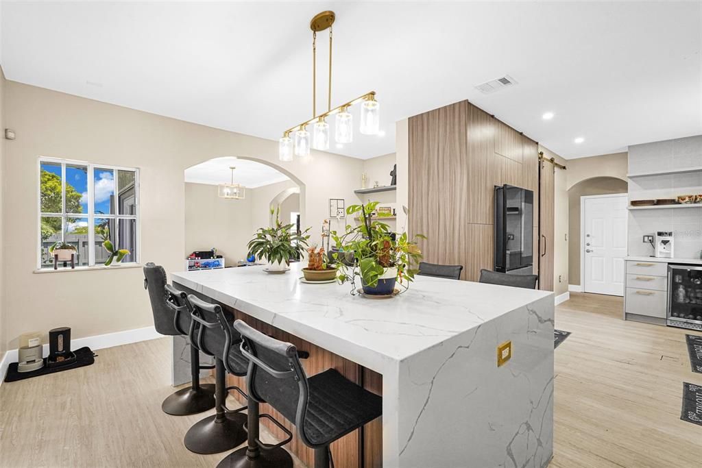 Interior, Kitchen, Pendant Lights, Recessed Lighting, Wood Texture Flooring