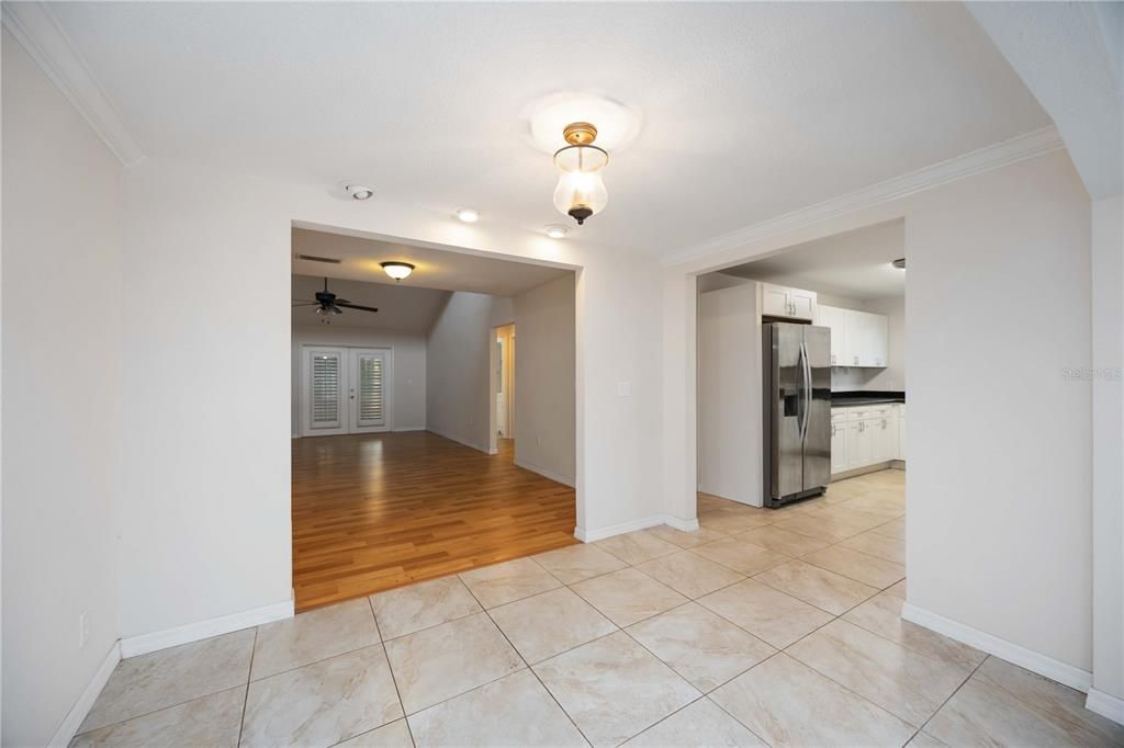 Empty room, Interior, Kitchen, Stainless Steel Appliances, Wood Texture Flooring