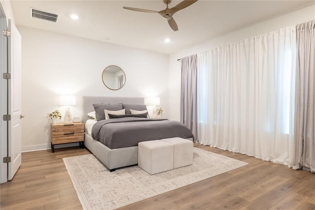 Bedroom, Interior, Recessed Lighting, Wood Texture Flooring