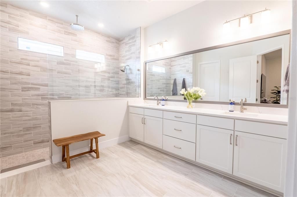 Bathroom, Dual Sink Vanities, Glass Shower, Interior, Recessed Lighting