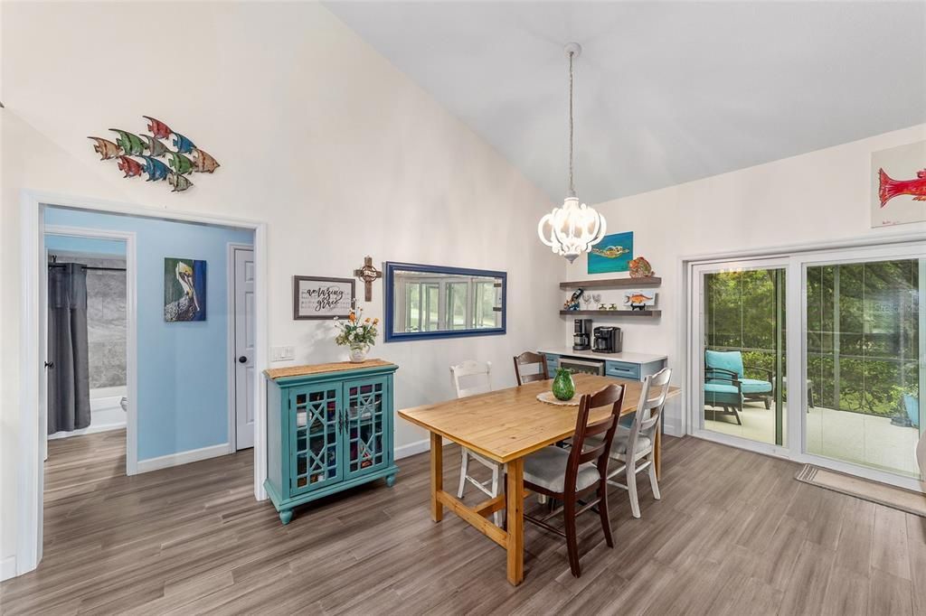 Dining room, Interior, Pendant Lights, Wood Texture Flooring