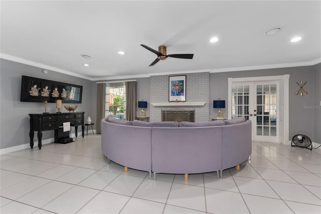 Fireplace, Interior, Living room, Recessed Lighting, Stone Walls