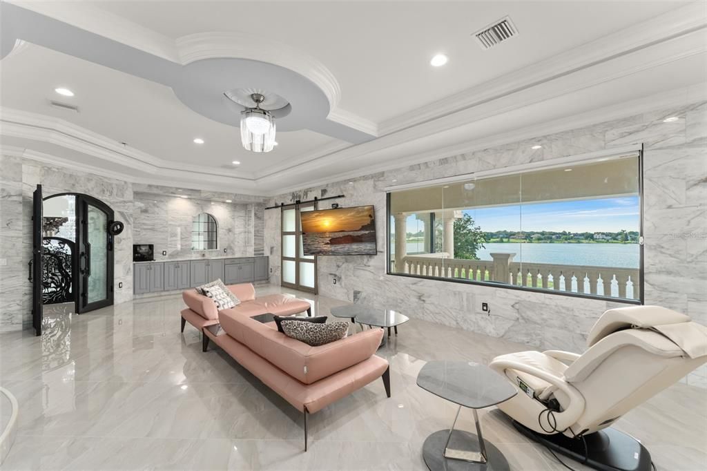 Interior, Living room, Marble, Marble Walls, Recessed Lighting, Water