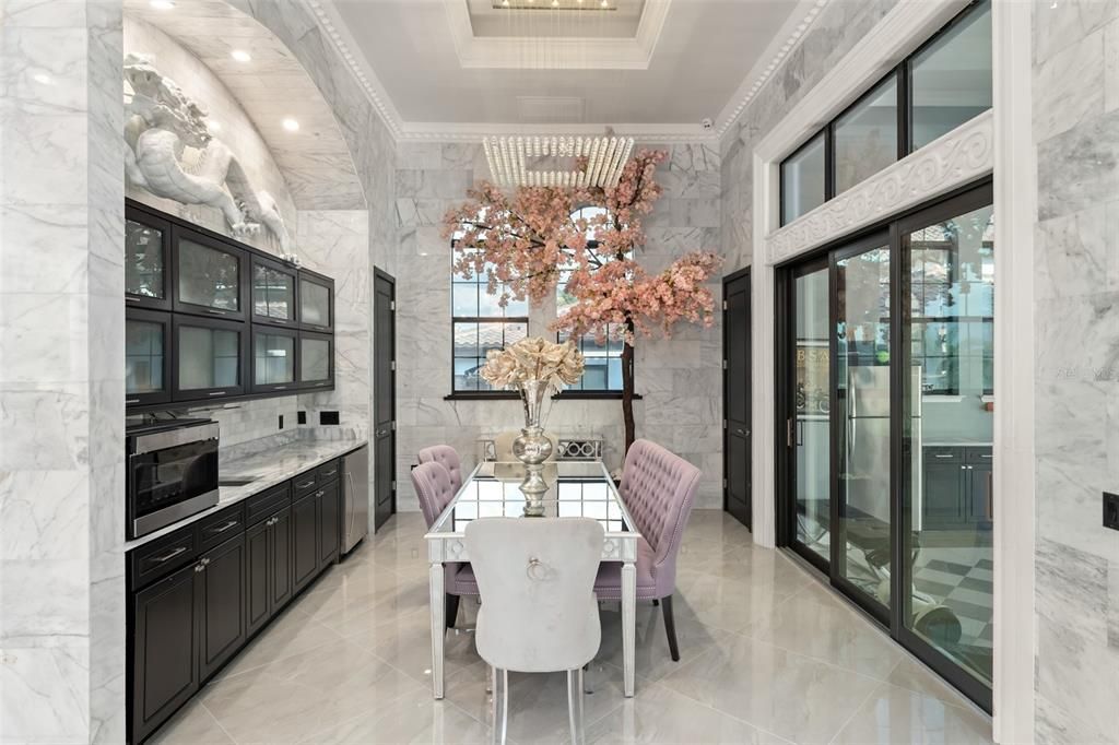 Dining room, Interior, Kitchen, Marble Walls, Recessed Lighting