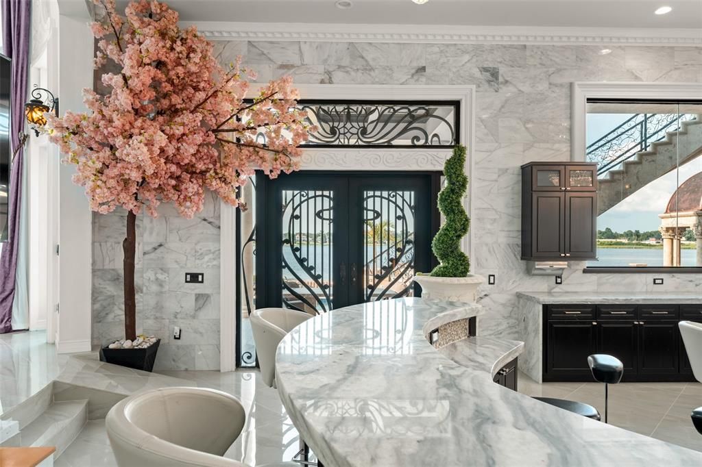 Dining room, Interior, Kitchen, Marble Walls, Recessed Lighting, Water