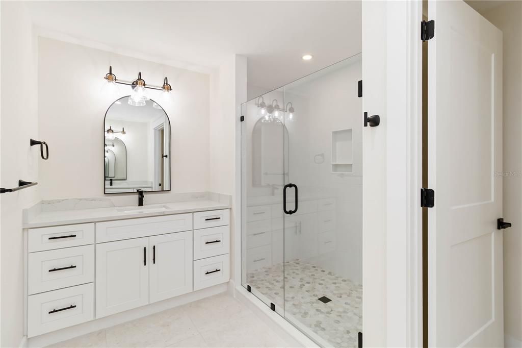 Bathroom, Dual Sink Vanities, Glass Shower, Interior, Recessed Lighting