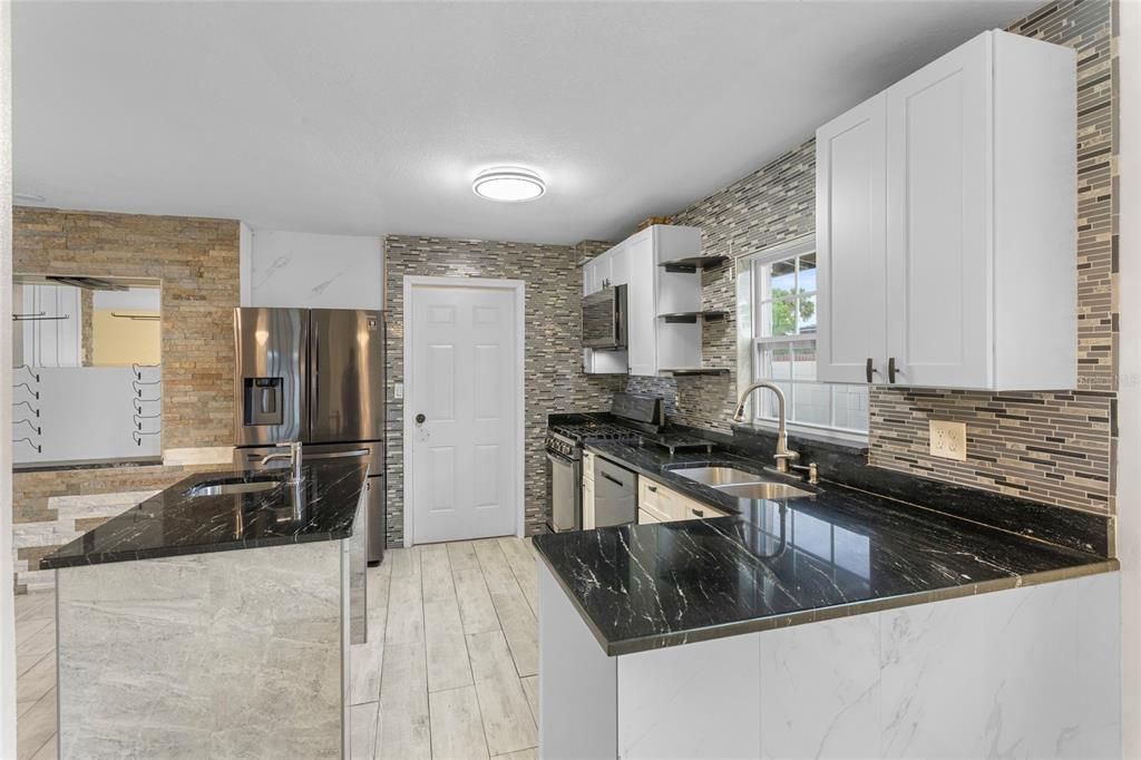 Interior, Kitchen, Stainless Steel Appliances, Stone Walls, Wood Texture Flooring