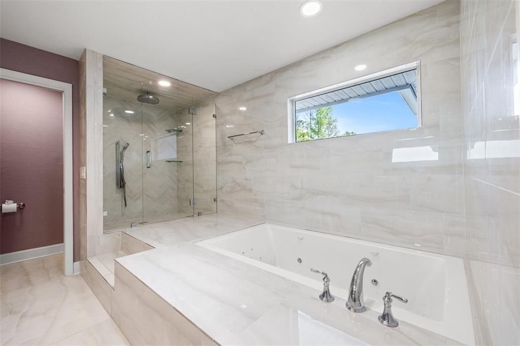 Bathroom, Glass Shower, Interior, Marble Walls, Recessed Lighting