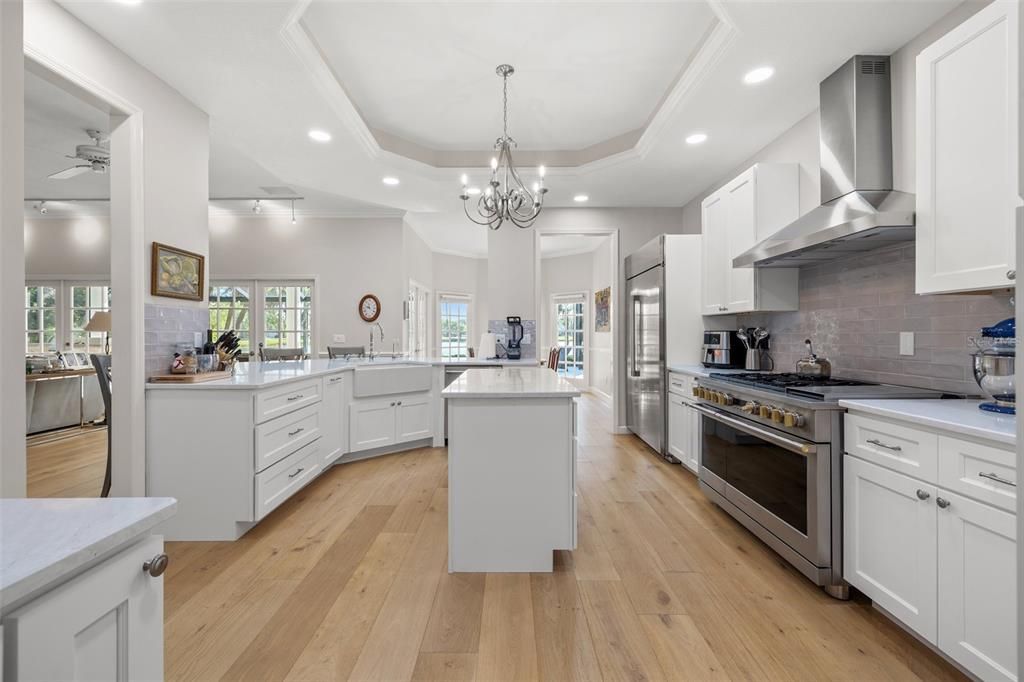 Chandelier, Interior, Kitchen, Recessed Lighting, Stainless Steel Appliances, Wood Texture Flooring