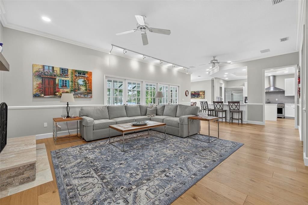 Dining room, Interior, Kitchen, Living room, Recessed Lighting, Wood Texture Flooring