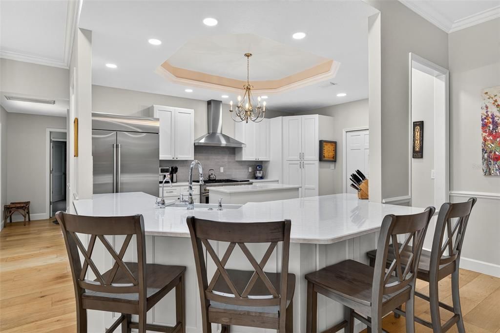 Chandelier, Interior, Kitchen, Recessed Lighting, Stainless Steel Appliances, Wood Texture Flooring