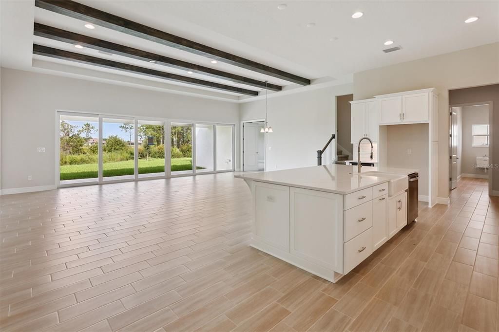 Interior, Kitchen, Pendant Lights, Recessed Lighting, Wooden Beams, Wood Texture Flooring
