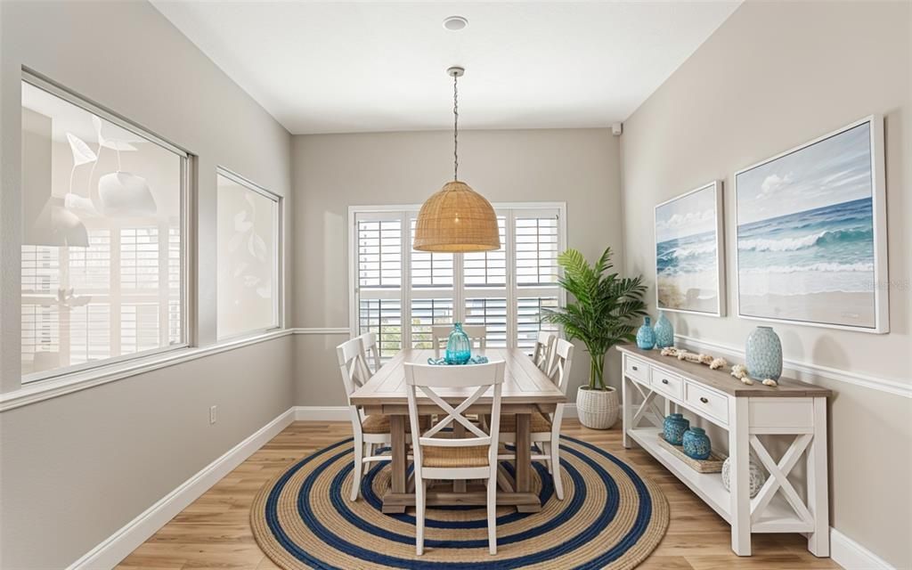 Dining room, Interior, Pendant Lights, Wood Texture Flooring