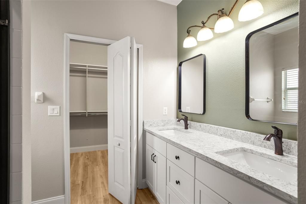 Bathroom, Dual Sink Vanities, Interior, Walk-in Closets, Wood Texture Flooring