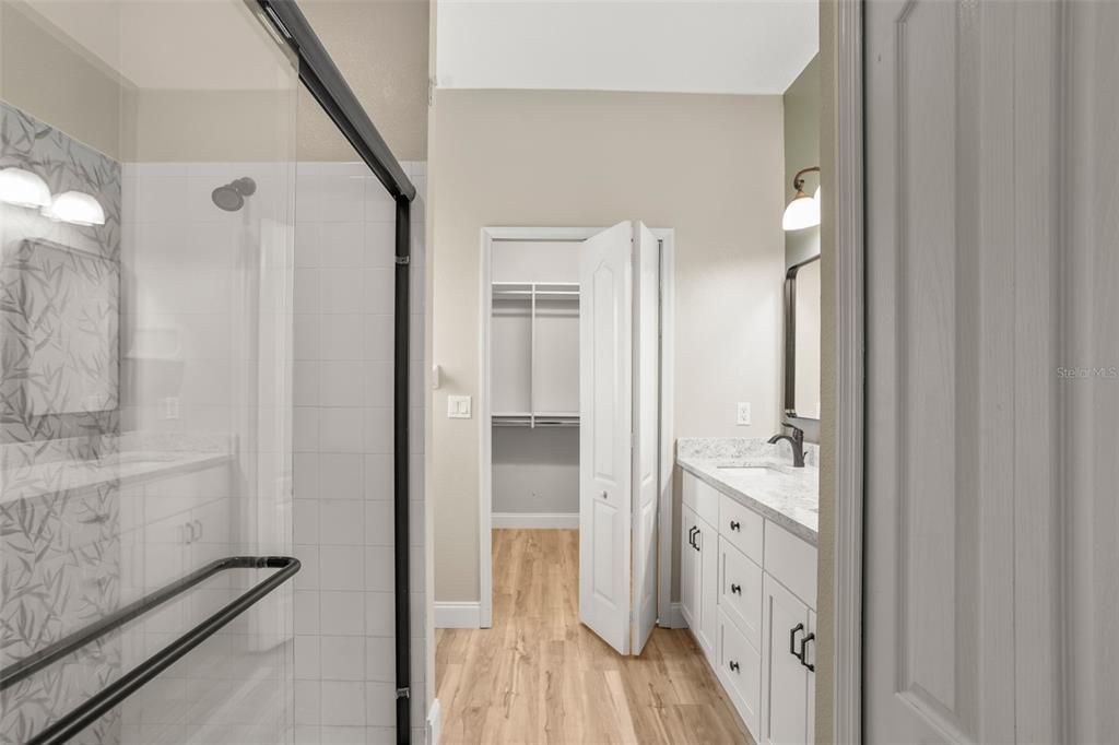 Bathroom, Glass Shower, Interior, Wood Texture Flooring