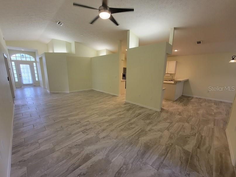 Empty room, Interior, Kitchen, Recessed Lighting, Wood Texture Flooring