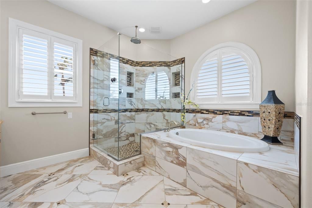Bathroom, Glass Shower, Interior, Marble, Recessed Lighting