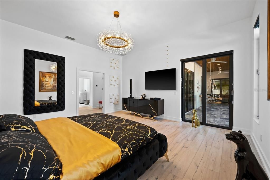 Bedroom, Chandelier, Interior, Wood Texture Flooring