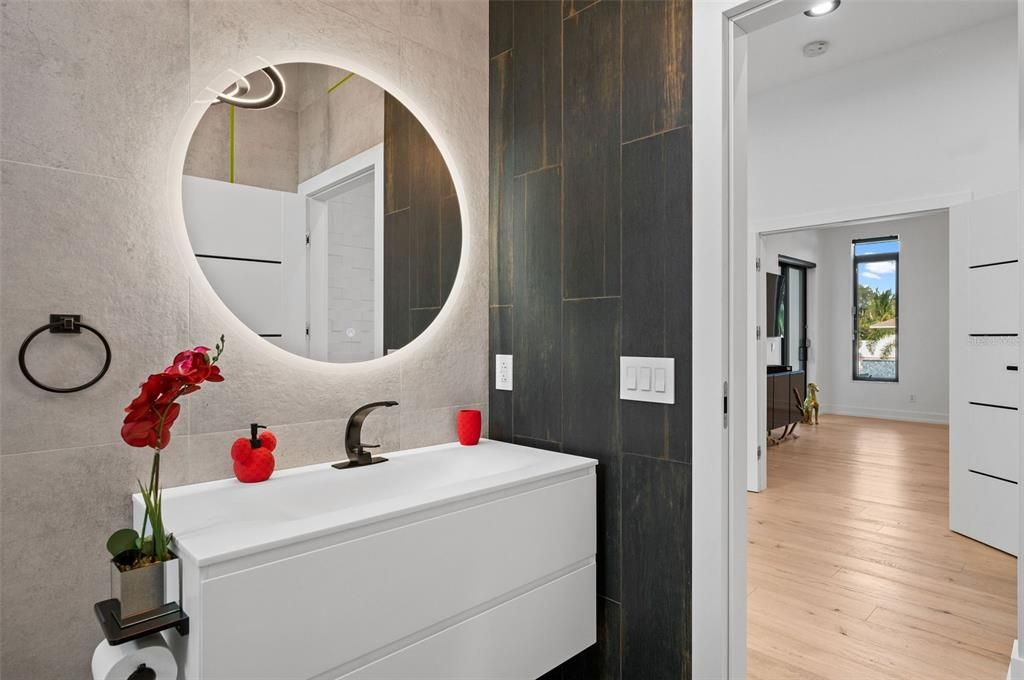 Bathroom, Interior, Recessed Lighting, Wood Texture Flooring