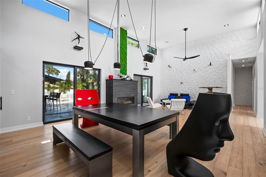 Fireplace, Home Office, Interior, Pendant Lights, Recessed Lighting, Wood Texture Flooring