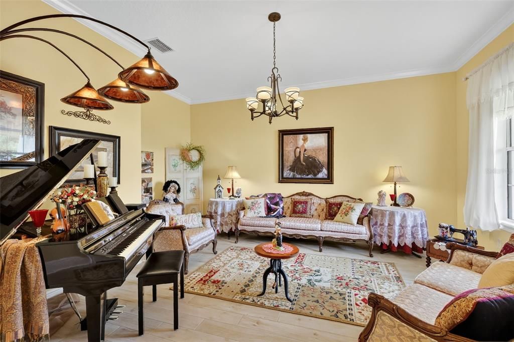 Chandelier, Interior, Living room, Pendant Lights, Piano, Wood Texture Flooring