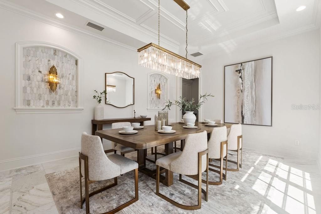 Chandelier, Dining room, Interior, Marble, Recessed Lighting