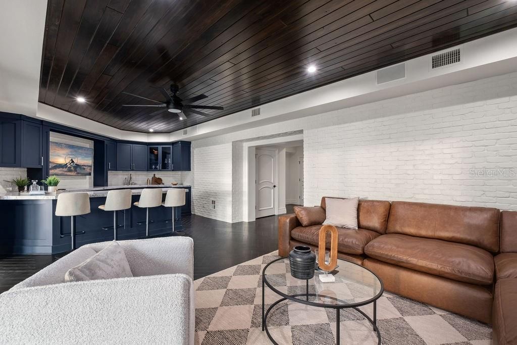 Interior, Kitchen, Living room, Recessed Lighting, Stone Walls, Wood Texture Flooring
