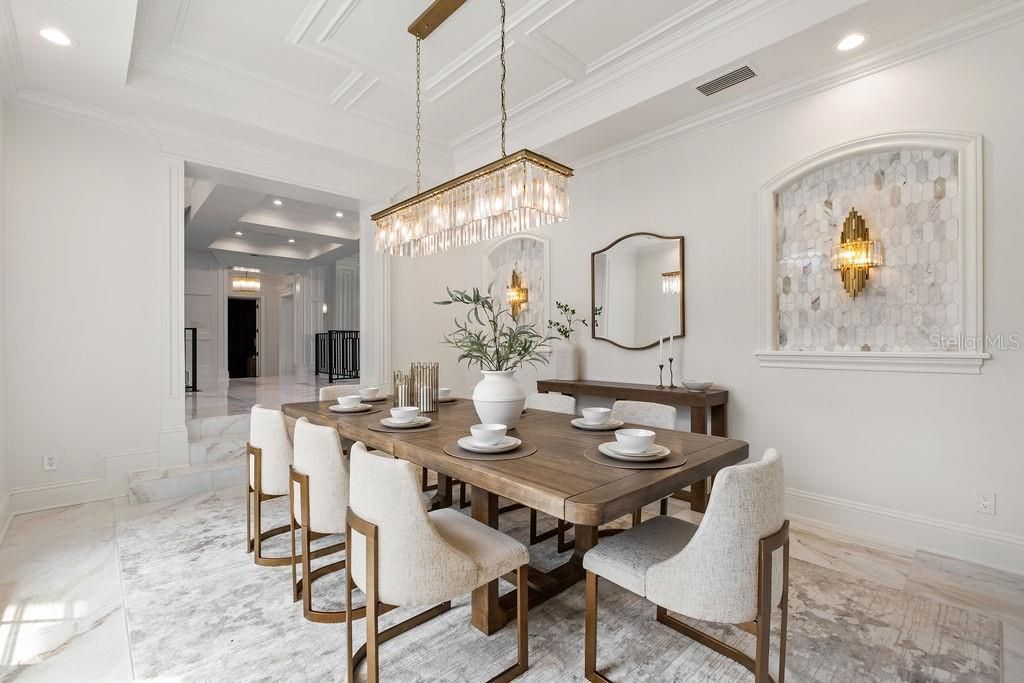 Chandelier, Dining room, Interior, Marble, Pendant Lights, Recessed Lighting