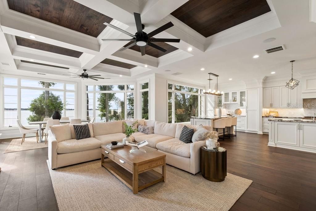 Chandelier, Dining room, Interior, Kitchen, Living room, Pendant Lights, Recessed Lighting, Wooden Ceilings, Wood Texture Flooring