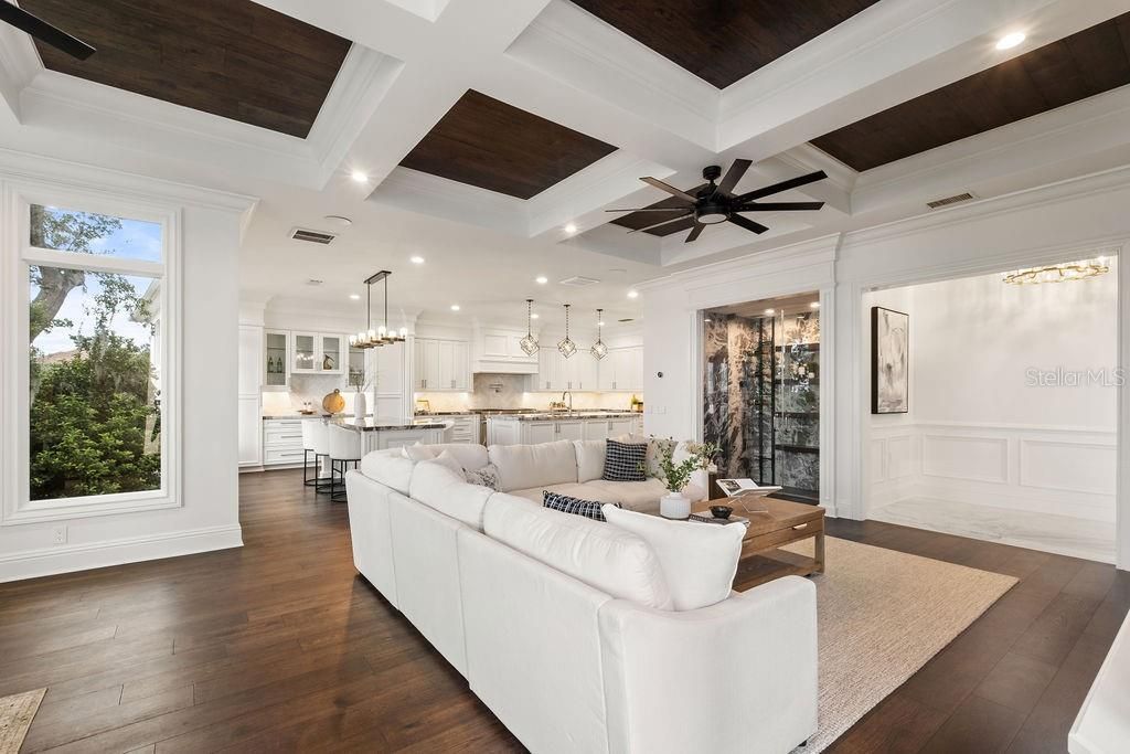 Interior, Kitchen, Living room, Pendant Lights, Recessed Lighting, Wooden Ceilings, Wood Texture Flooring