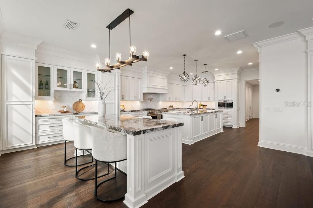 Chandelier, Interior, Kitchen, Pendant Lights, Recessed Lighting, Stainless Steel Appliances, Wood Texture Flooring