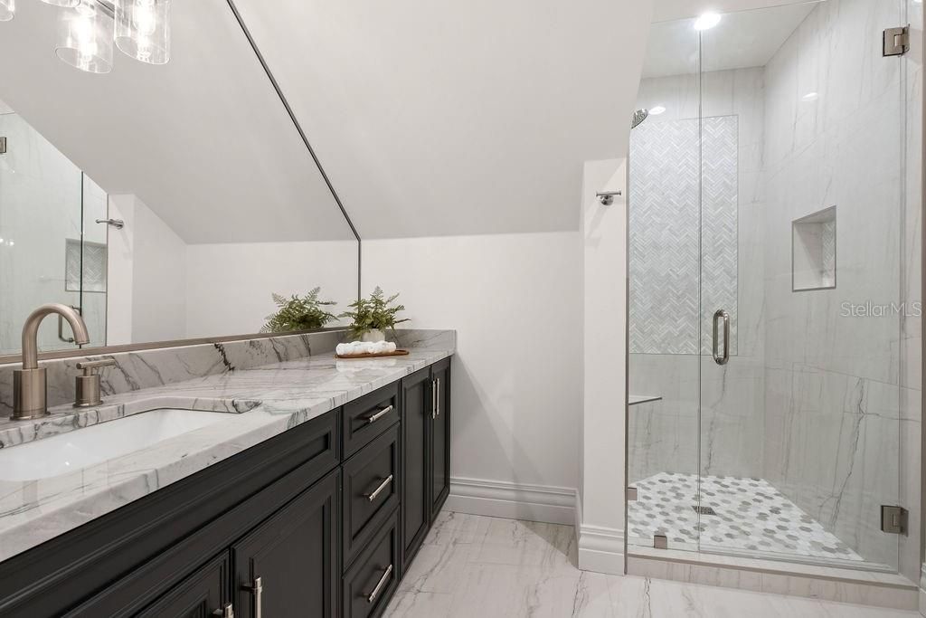 Bathroom, Dual Sink Vanities, Glass Shower, Interior, Marble, Recessed Lighting