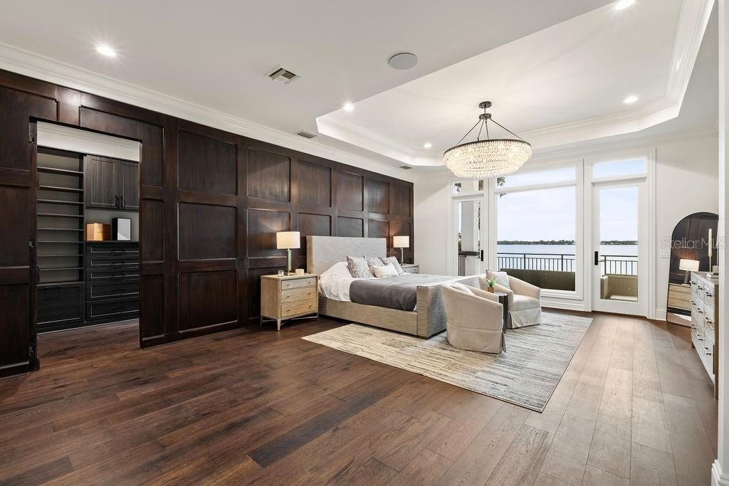 Bedroom, Chandelier, Interior, Recessed Lighting, Water, Wood Texture Flooring