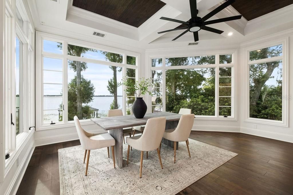 Dining room, Interior, Sun Room, Water, Wooden Ceilings, Wood Texture Flooring
