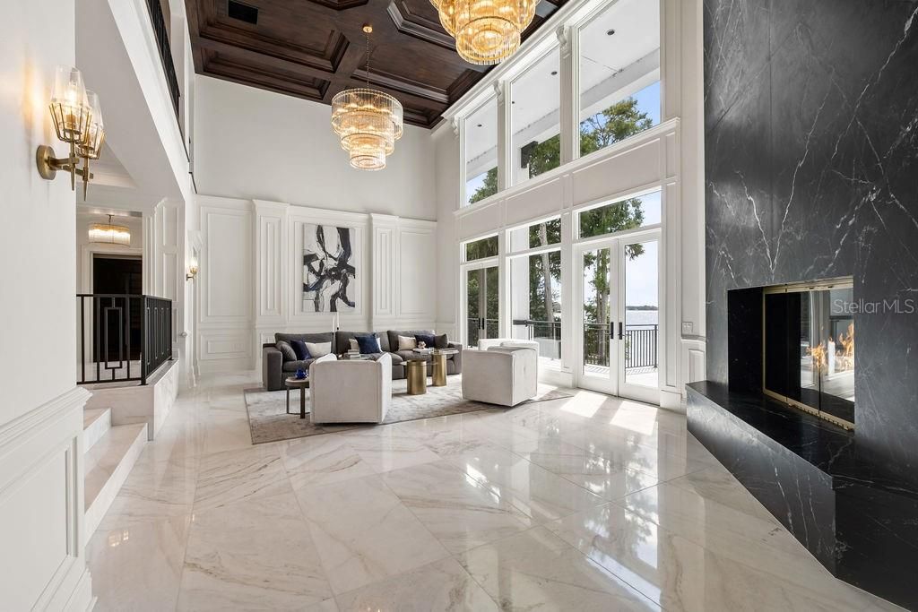 Chandelier, Fireplace, Interior, Living room, Marble, Marble Walls, Wooden Ceilings