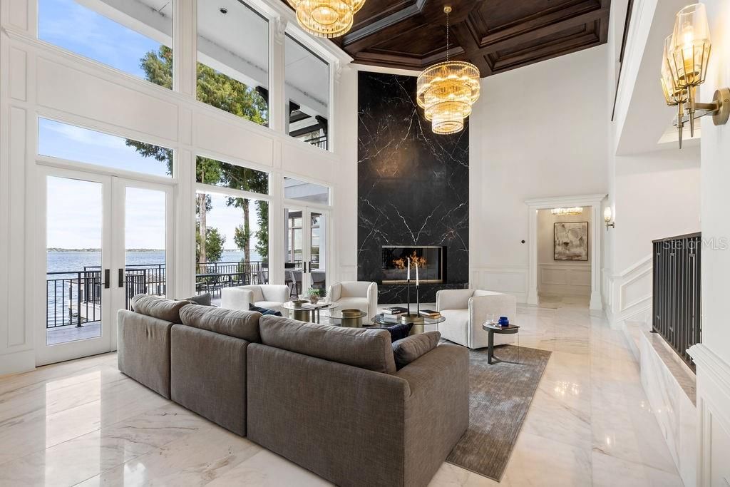 Chandelier, Fireplace, Interior, Living room, Marble, Water