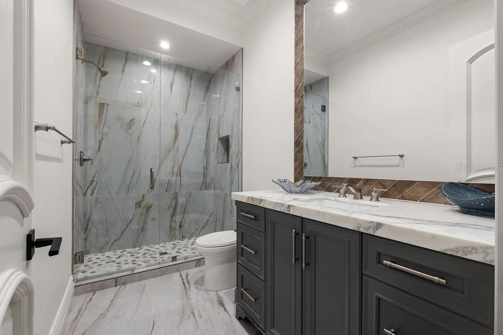 Bathroom, Glass Shower, Interior, Marble, Marble Walls, Recessed Lighting